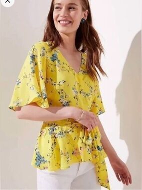 LOFT Womens Yellow Floral Peplum Wrap Top Flutter Kimono Sleeve Blouse Sz Small